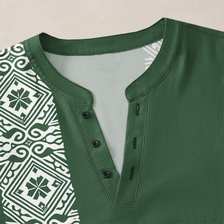 Buddha Stones Cotton Tribal Square Geometric Pattern V-Neck Buttons Men's Long Sleeve Shirts - image 18