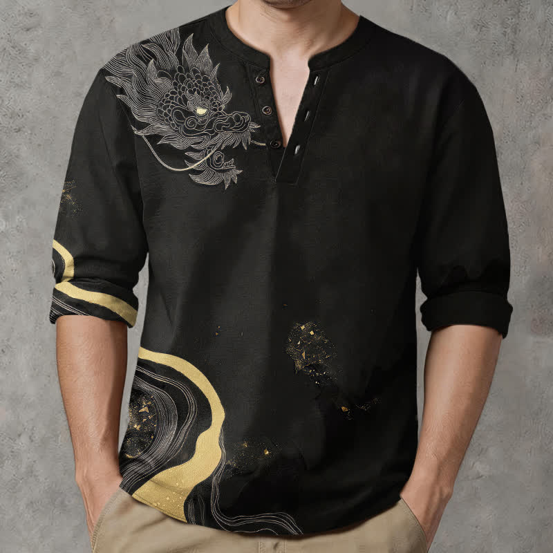 Buddha Stones Cotton Vintage Dragon Art Pattern V-Neck Buttons Men's Long Sleeve Shirts - Black - US/UK/AU48，EU58 (4XL) - image 0