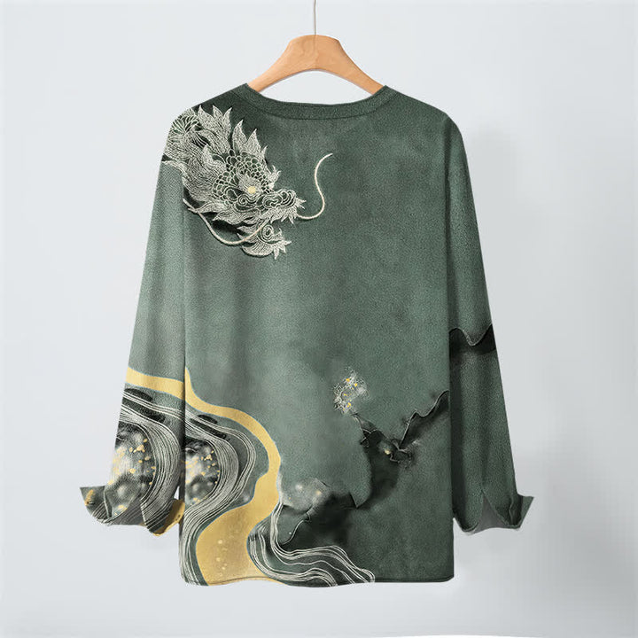 Buddha Stones Cotton Vintage Dragon Art Pattern V-Neck Buttons Men's Long Sleeve Shirts - image 10