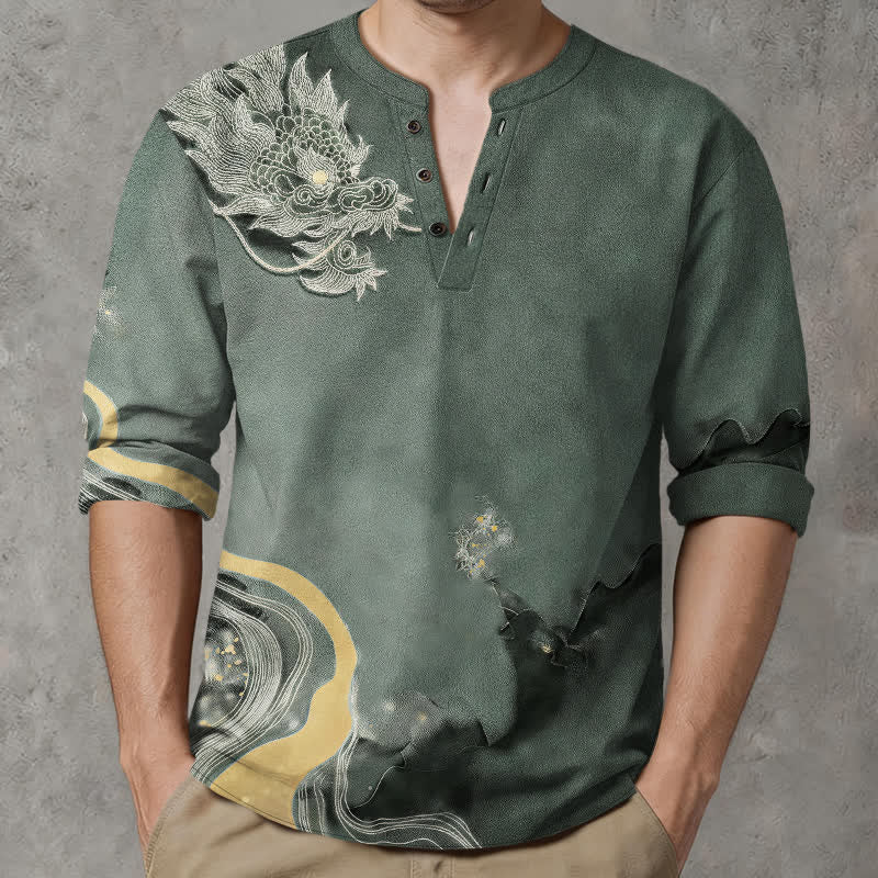 Buddha Stones Cotton Vintage Dragon Art Pattern V-Neck Buttons Men's Long Sleeve Shirts - DarkSeaGreen - US/UK/AU48，EU58 (4XL) - image 7