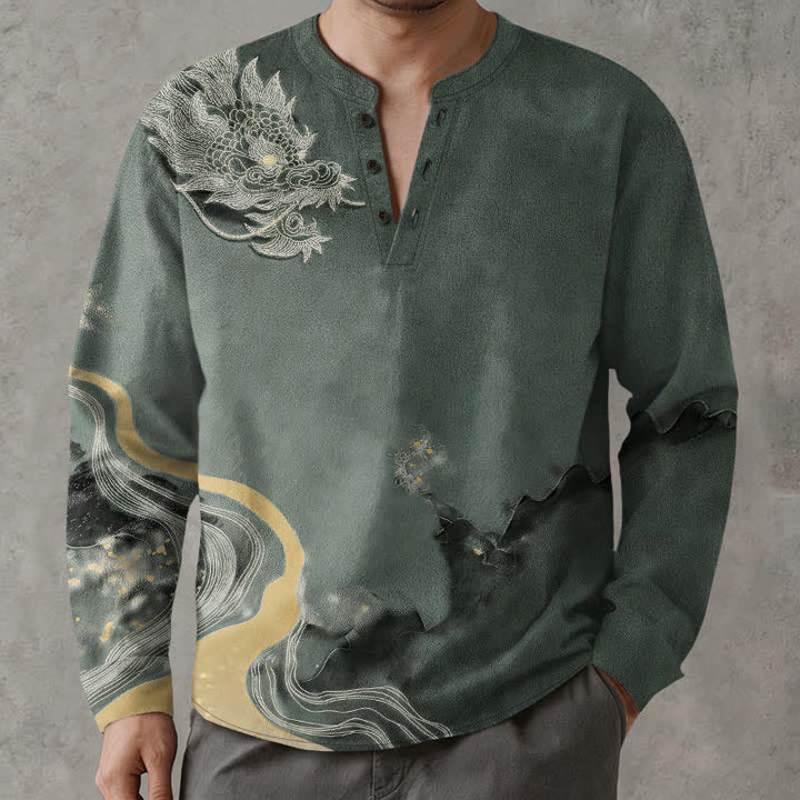 Buddha Stones Cotton Vintage Dragon Art Pattern V-Neck Buttons Men's Long Sleeve Shirts - image 8
