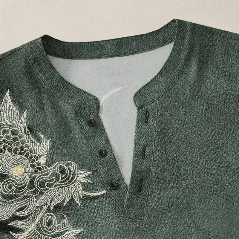 Buddha Stones Cotton Vintage Dragon Art Pattern V-Neck Buttons Men's Long Sleeve Shirts - image 11