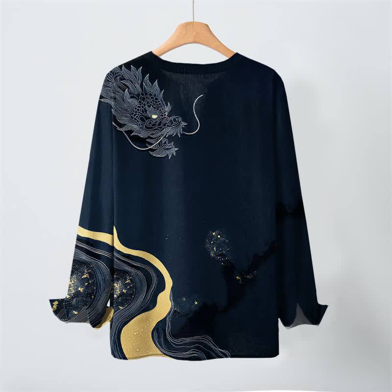 Buddha Stones Cotton Vintage Dragon Art Pattern V-Neck Buttons Men's Long Sleeve Shirts - image 17
