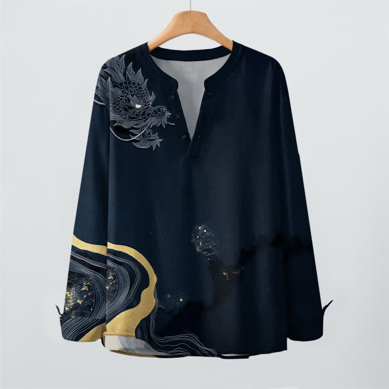 Buddha Stones Cotton Vintage Dragon Art Pattern V-Neck Buttons Men's Long Sleeve Shirts - image 16