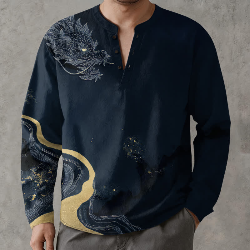 Buddha Stones Cotton Vintage Dragon Art Pattern V-Neck Buttons Men's Long Sleeve Shirts - image 15