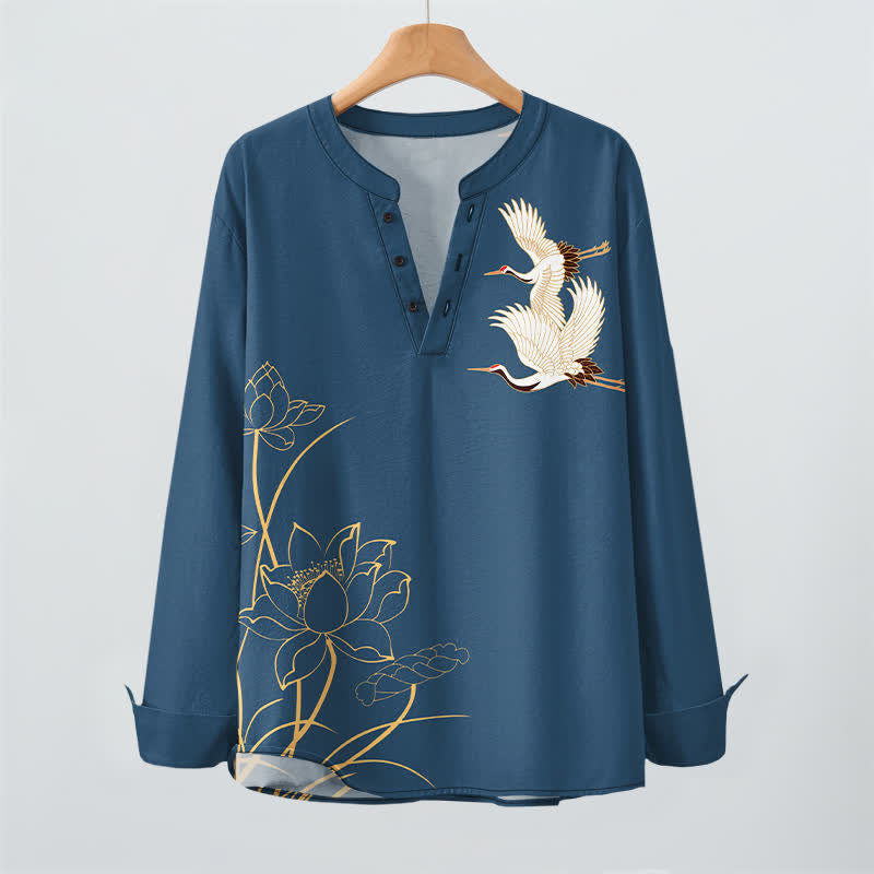 Buddha Stones Cotton Crane Lotus Pattern V-Neck Buttons Men's Long Sleeve Shirts - image 2