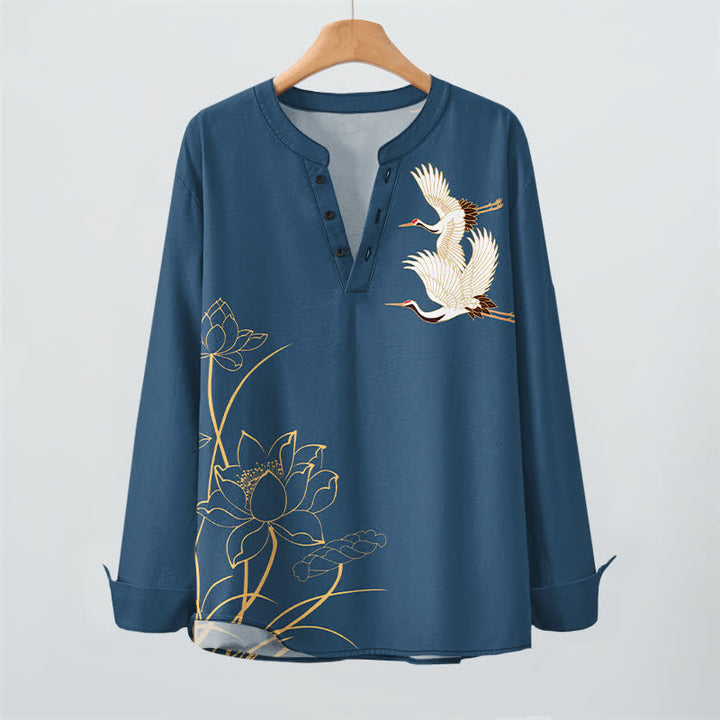 Buddha Stones Cotton Crane Lotus Pattern V-Neck Buttons Men's Long Sleeve Shirts - image 2