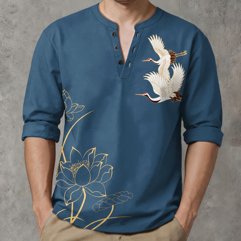 Buddha Stones Cotton Crane Lotus Pattern V-Neck Buttons Men's Long Sleeve Shirts - image 1