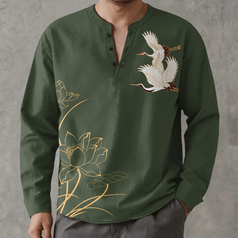 Buddha Stones Cotton Crane Lotus Pattern V-Neck Buttons Men's Long Sleeve Shirts - DarkOliveGreen - US/UK/AU48，EU58 (4XL) - image 14