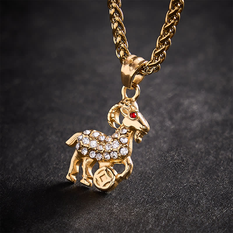 Buddha Stones Titanium Steel Chinese Zodiac Goat Prosperity Pendant Necklace - image 5