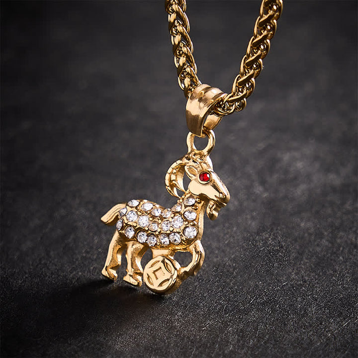 Buddha Stones Titanium Steel Chinese Zodiac Goat Prosperity Pendant Necklace - image 5