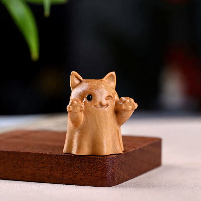 Buddha Stones Pine Wood Carved Winking Cat Healing Cute Animal Decor - Blink Approx. 5 cm - image 1