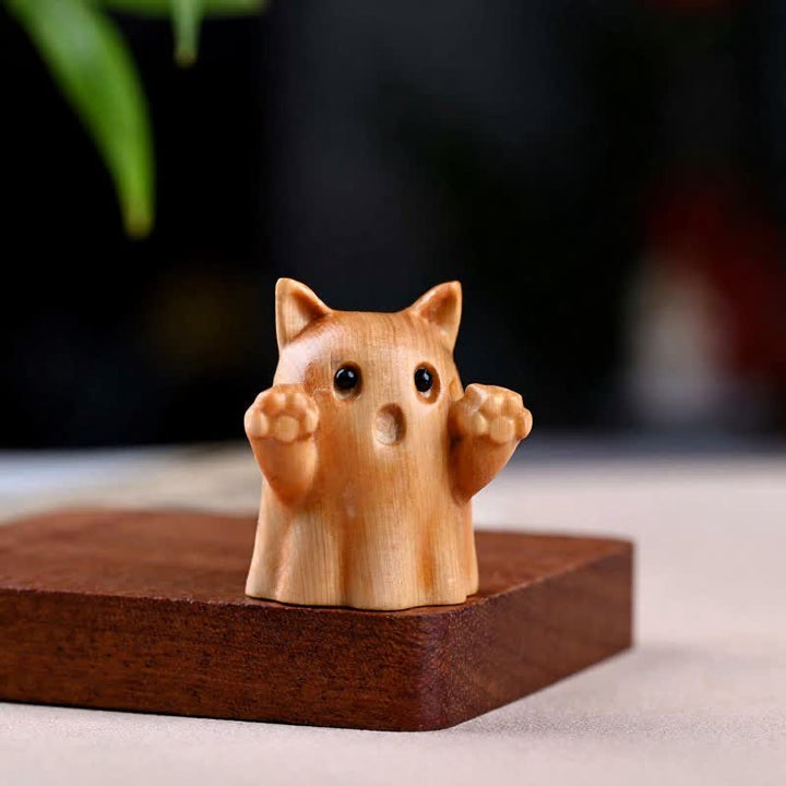 Buddha Stones Pine Wood Carved Winking Cat Healing Cute Animal Decor - Open Eyes Approx. 5 cm - image 3