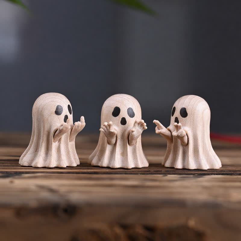 Buddha Stones Maple Wood Carved Mini Cheeky Ghost Desktop Cute Cartoon Decor 3.3 × 3 × 3.9cm - image 0