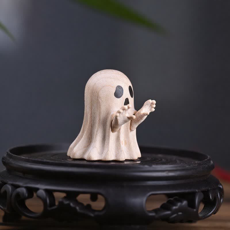 Buddha Stones Maple Wood Carved Mini Cheeky Ghost Desktop Cute Cartoon Decor 3.3 × 3 × 3.9cm - image 2