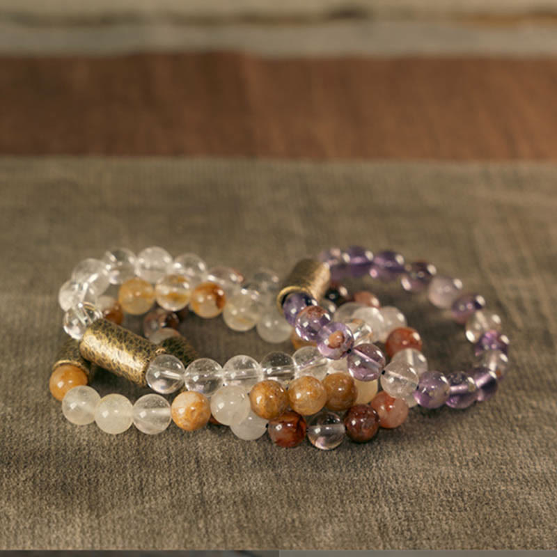 Buddha Stones White Crystal Red Hematoid Quartz Gold Rutilated Quartz Purple Phantom Protection Bracelet