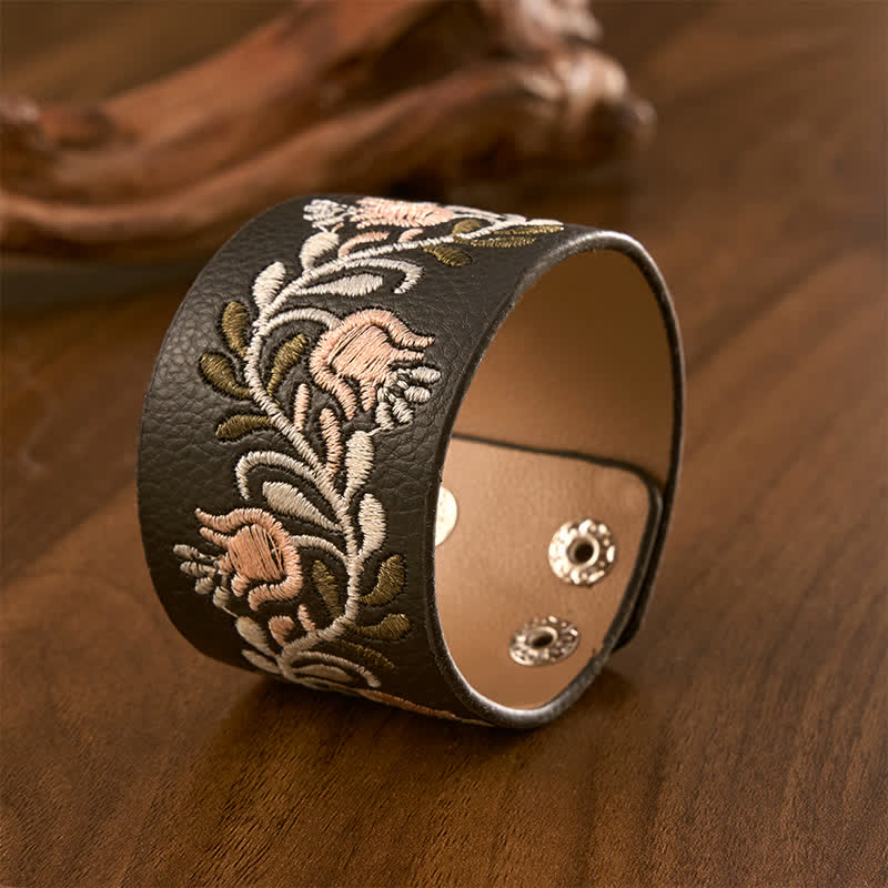 Buddha Stones Leather Hand-woven Braided White Flower Vine Protection Buckle Bracelet - image 2