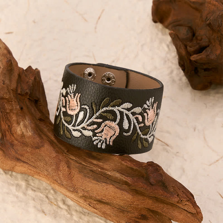 Buddha Stones Leather Hand-woven Braided White Flower Vine Protection Buckle Bracelet - image 3
