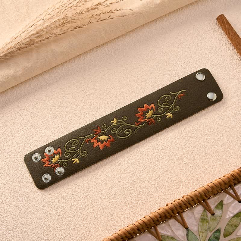 Buddha Stones Protection Leather Floral Embroidered Adjustable Buckle Bracelet - image 5