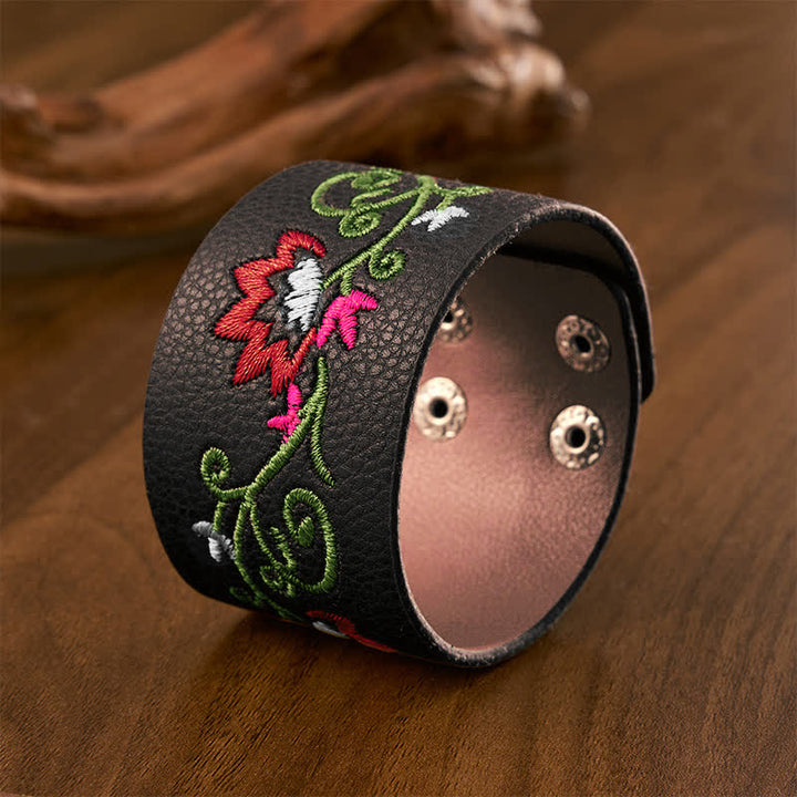 Buddha Stones Protection Leather Floral Embroidered Adjustable Buckle Bracelet - image 9