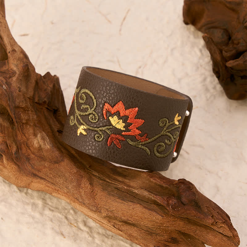 Buddha Stones Protection Leather Floral Embroidered Adjustable Buckle Bracelet - image 3