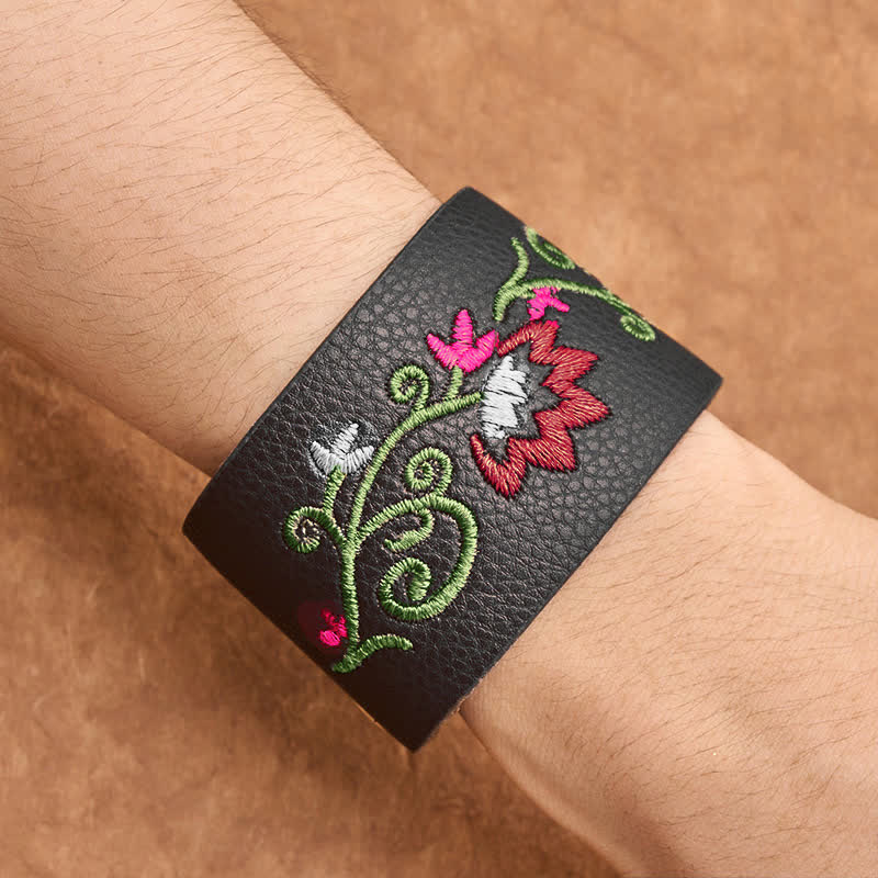 Buddha Stones Protection Leather Floral Embroidered Adjustable Buckle Bracelet - image 12
