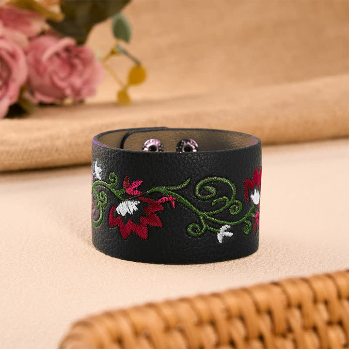 Buddha Stones Protection Leather Floral Embroidered Adjustable Buckle Bracelet - Black(Wrist Circumference: Approx. 5.9–6.7 in / 15–17 cm) - image 8
