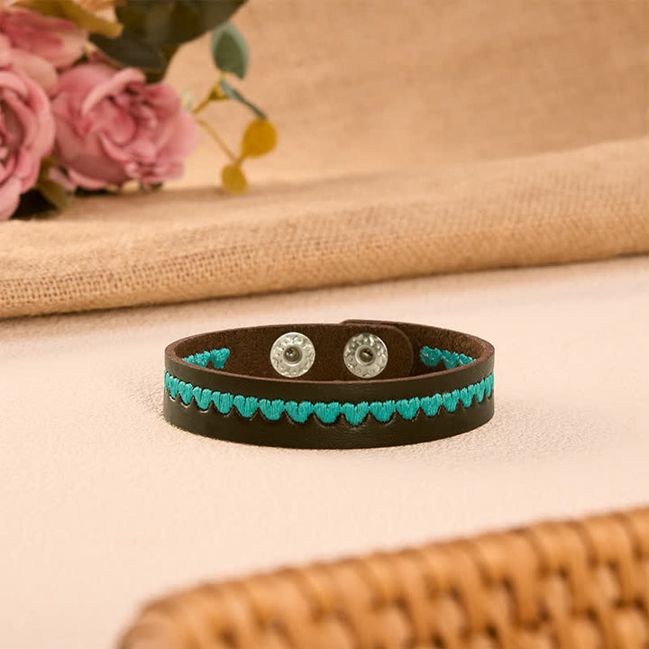 Buddha Stones Adjustable Leather Love Heart Embroidered Protection Buckle Bracelet - image 2