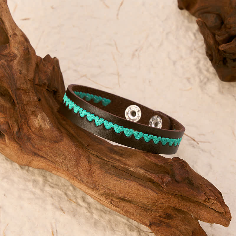 Buddha Stones Adjustable Leather Love Heart Embroidered Protection Buckle Bracelet - image 3