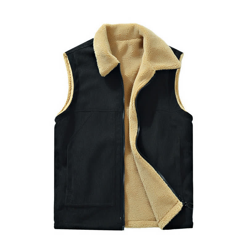 Buddha Stones Winter Minimalist Vintage Reversible Design Solid Corduroy Tank Top Men's Vest With Pockets - Black - US/UK/AU42，EU52 (4XL) - image 0