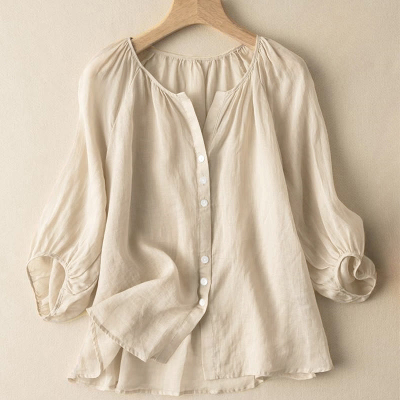 Buddha Stones Vintage Button Three Quarter Puff Sleeve V-Neck Women's Shirt - PaleGoldenrod - US14，UK/AU18，EU46 (4XL) - image 9
