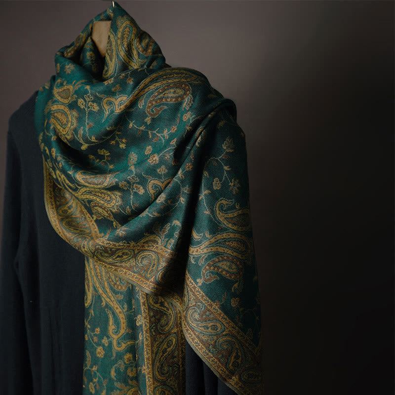 Buddha Stones Tibetan Cashew Flower Vine Print Tassels Shawl Fall Winter Soft Scarf Wrap - Dark Green - image 0