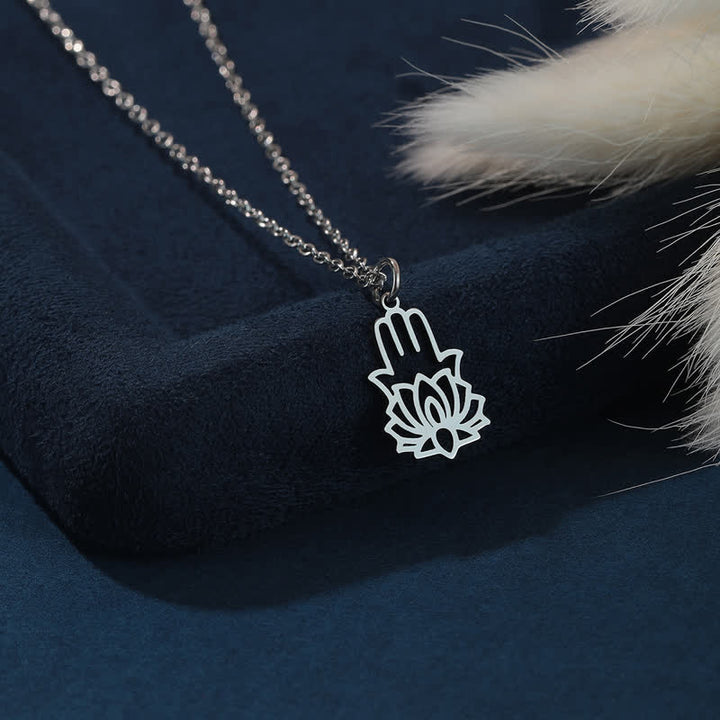 Buddha Stones Titanium Steel Lotus Hamsa Hand Protection Necklace - Steel - image 0