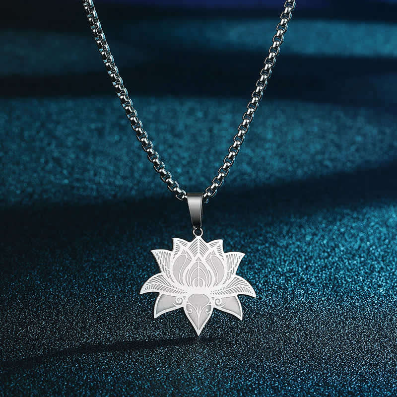 Buddha Stones Meditation Lotus Titanium Steel Chain Protection and Purity Necklace - Steel - image 0