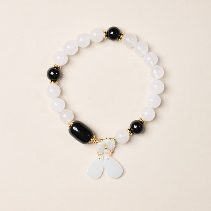 Buddha Stones Elegant White Chalcedony Black Agate Floral Drop Bracelet - image 1