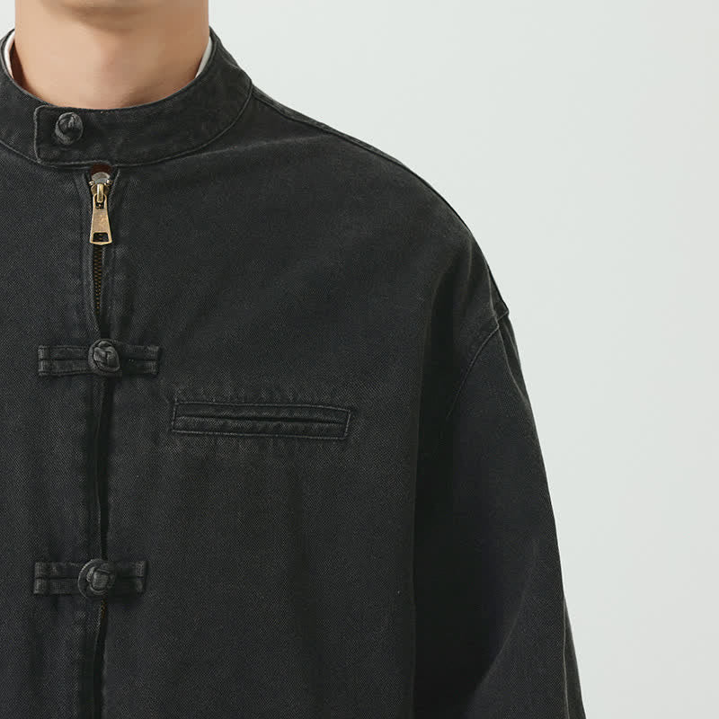 Buddha Stones Fall Winter Casual Vintage Tang Style Mandarin Collar Frog Button Zipper Design Solid Men's Jacket With Pockets - image 8