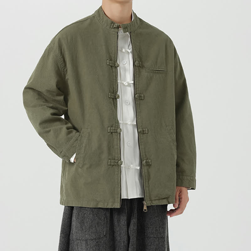 Buddha Stones Fall Winter Casual Vintage Tang Style Mandarin Collar Frog Button Zipper Design Solid Men's Jacket With Pockets - image 17