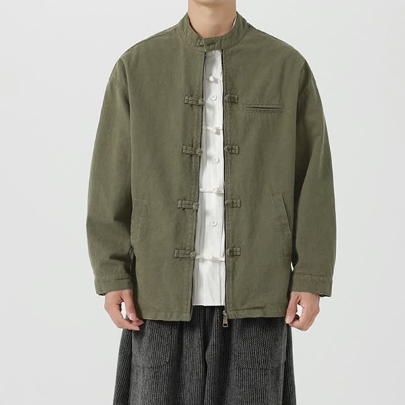 Buddha Stones Fall Winter Casual Vintage Tang Style Mandarin Collar Frog Button Zipper Design Solid Men's Jacket With Pockets - image 18