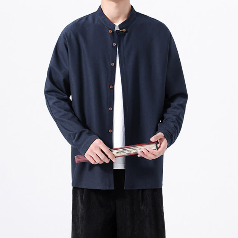 Buddha Stones Spring Casual Tang Style Button-Up Solid Men's Long Sleeve Shirts - image 3