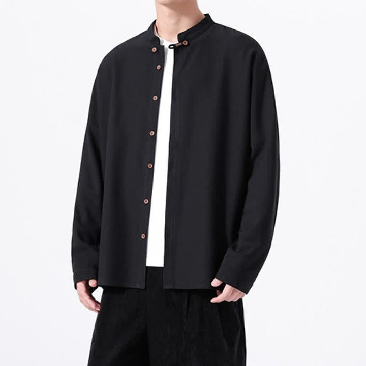 Buddha Stones Spring Casual Tang Style Button-Up Solid Men's Long Sleeve Shirts - image 10