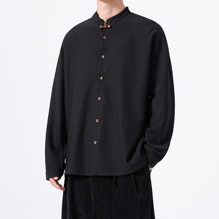 Buddha Stones Spring Casual Tang Style Button-Up Solid Men's Long Sleeve Shirts - image 11