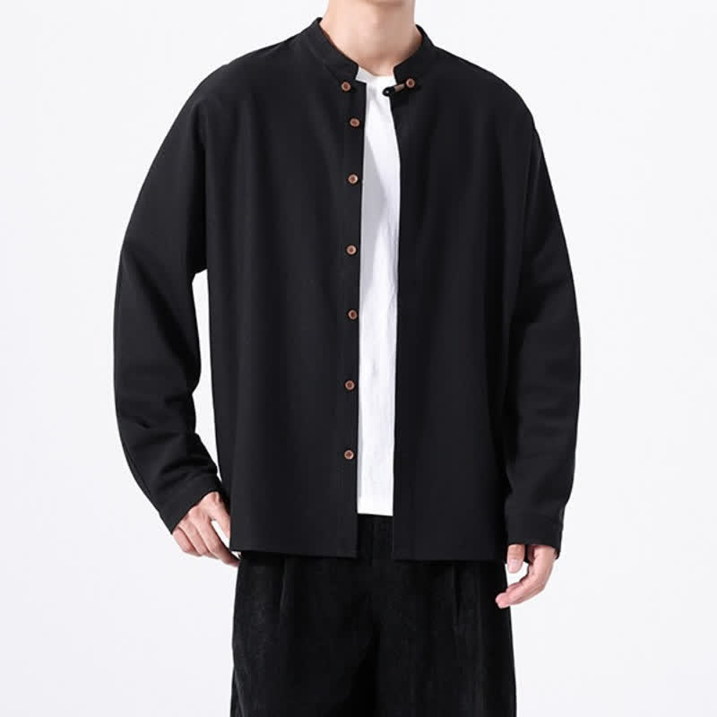 Buddha Stones Spring Casual Tang Style Button-Up Solid Men's Long Sleeve Shirts - image 12