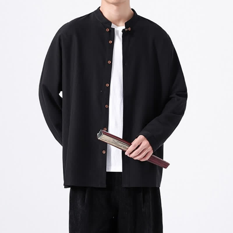 Buddha Stones Spring Casual Tang Style Button-Up Solid Men's Long Sleeve Shirts - image 16