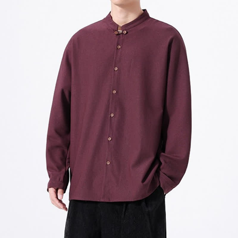 Buddha Stones Spring Casual Tang Style Button-Up Solid Men's Long Sleeve Shirts - image 19