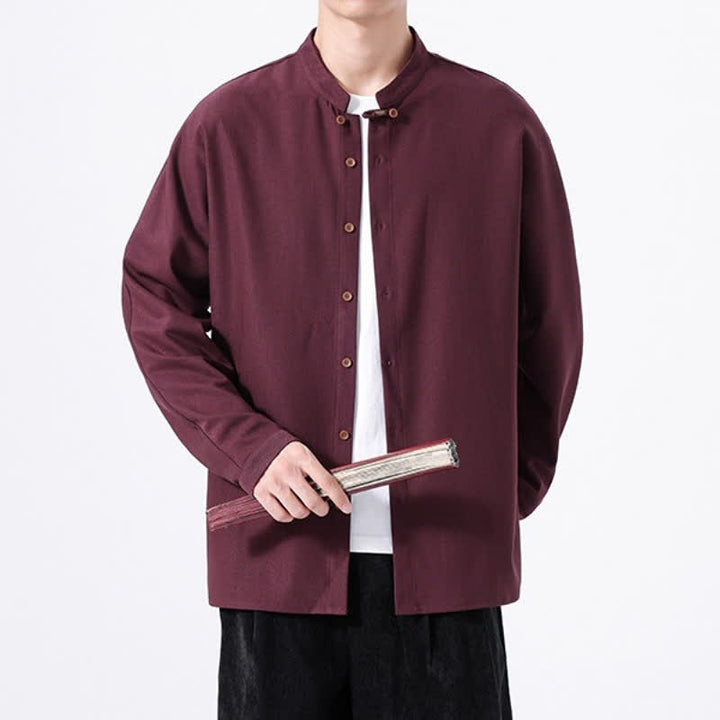 Buddha Stones Spring Casual Tang Style Button-Up Solid Men's Long Sleeve Shirts - image 20