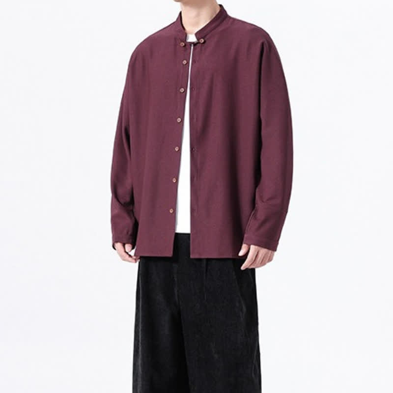 Buddha Stones Spring Casual Tang Style Button-Up Solid Men's Long Sleeve Shirts - image 24