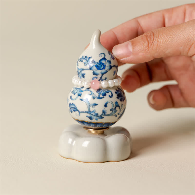 Buddha Stones Blue and White Ceramic Rotating Gourd Lotus Mindful Living Decor - image 4