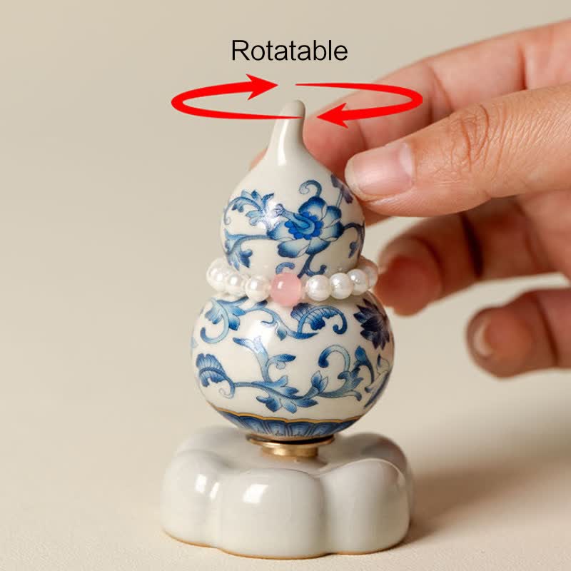 Buddha Stones Blue and White Ceramic Rotating Gourd Lotus Mindful Living Decor - image 5