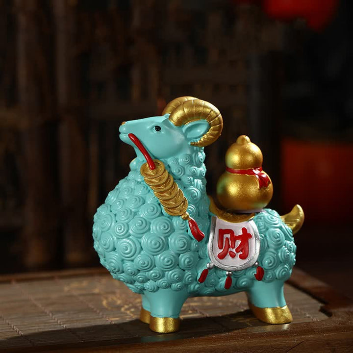 Buddha Stones Resin Prosperity Goat Sheep Fortune Bag Ingot Gourd Persimmon Desktop Ornament Cute Animal Decor - Blue- Gourd - image 3