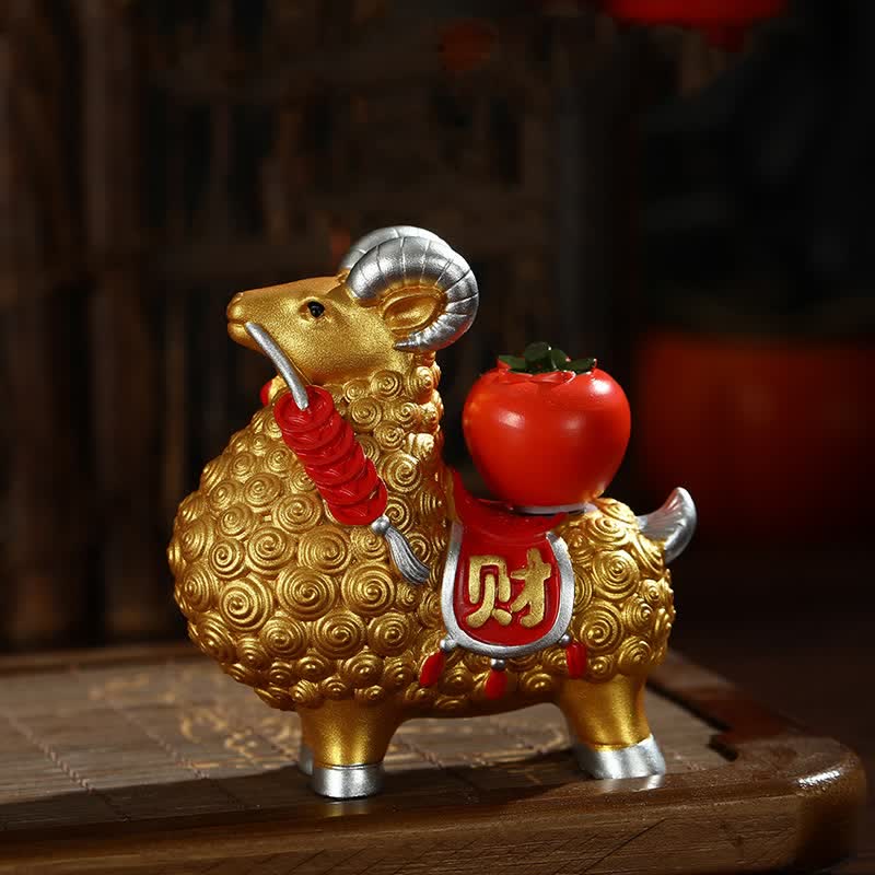 Buddha Stones Resin Prosperity Goat Sheep Fortune Bag Ingot Gourd Persimmon Desktop Ornament Cute Animal Decor - Golden - Persimmon - image 7